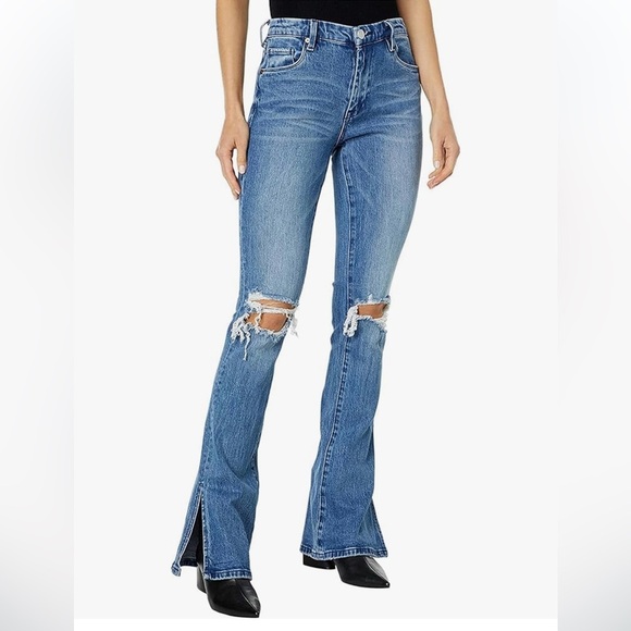 Blank NYC The Lexington Slim Straight Blue Flared Distressed Split Hem Jeans 26” - Picture 1 of 8